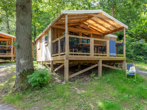Gemütliche Cosyflower Premium-Lodge aus Holz im Wald mit überdachter Terrasse für entspannten Urlaub.