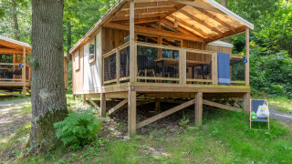 Cosyflower Premium-lodge: een houten huisje in het groen, perfect voor een ontspannen verblijf.