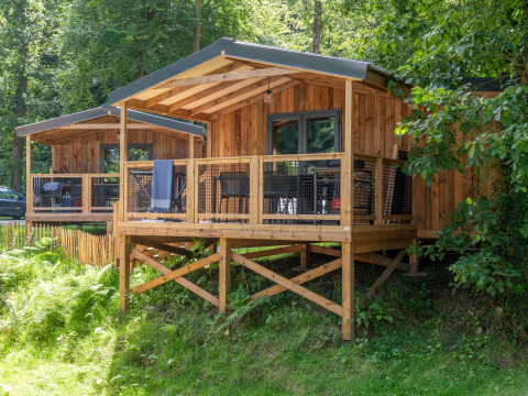 Elevated wooden cabins in a forested area, view from Lodge VIP Premium featuring deck and chairs.