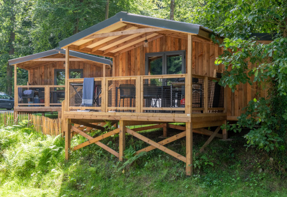 Elevated wooden cabins in a forested area, view from Lodge VIP Premium featuring deck and chairs.