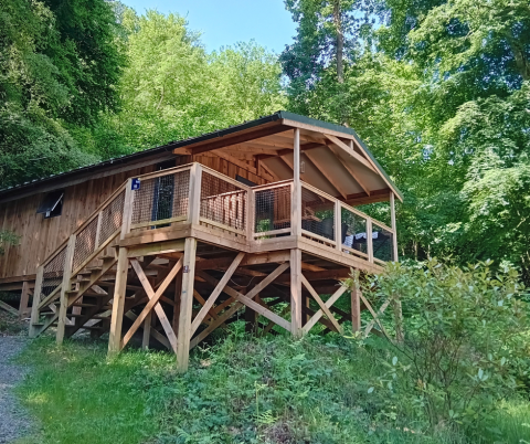 Wooden VIP lodge with terrace on stilts at Flower Camping La Chênaie in France, surrounded by lush forest.