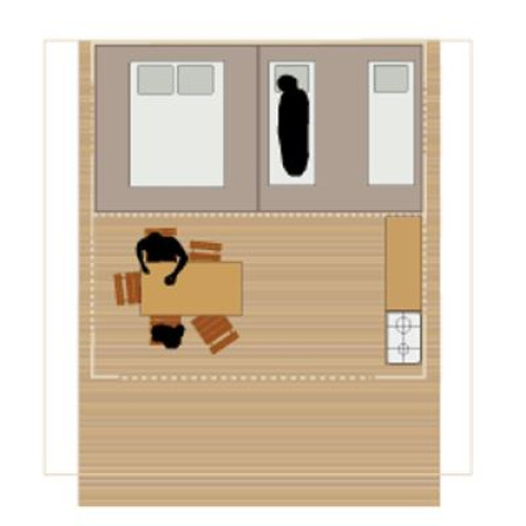 Plattegrond van Tente Safari Confort bij Flower Camping La Sagne, met bedden, eettafel en keuken.