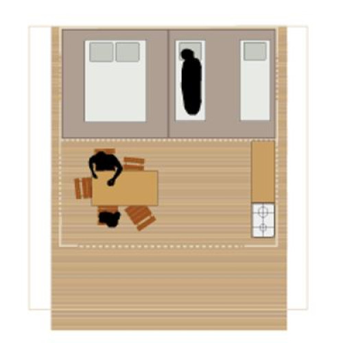 Floor plan of Tente Safari Confort at Flower Camping La Sagne, showing beds, dining table, and kitchen.