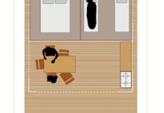 Plattegrond van Tente Safari Confort bij Flower Camping La Sagne, met bedden, eettafel en keuken.