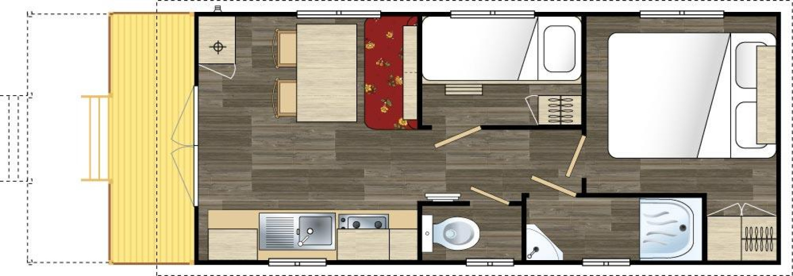 Plattegrond van een Roulotte Standard lodge op Flower Camping La Sagne met keuken, slaapkamers en badkamer.