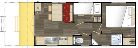 Plattegrond van een Roulotte Standard lodge op Flower Camping La Sagne met keuken, slaapkamers en badkamer.