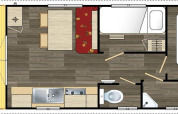 Grundriss einer Roulotte Standard Lodge im Flower Camping La Sagne mit Schlafzimmer, Küche und Bad.