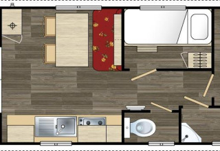 Plattegrond van de Roulotte Standard lodge bij Flower Camping La Sagne met keuken, slaapkamers en badkamer.