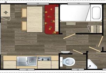Plattegrond van de Roulotte Standard lodge bij Flower Camping La Sagne met keuken, slaapkamers en badkamer.