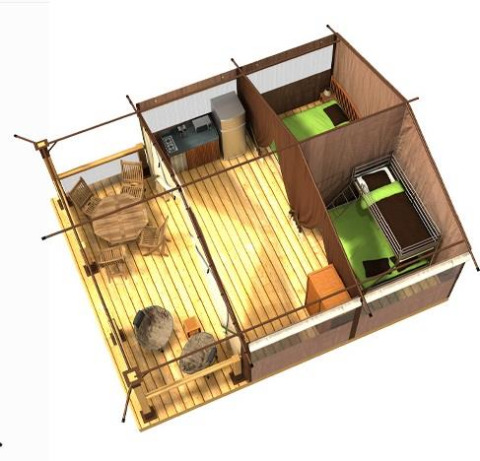 3D-plan van een Freeflower Confort safaritent op Flower Camping La Sagne met houten terras en twee slaapruimtes.