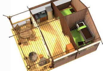 Planimetria 3D di una tenda safari Freeflower Confort a Flower Camping La Sagne con terrazza in legno e due camere.