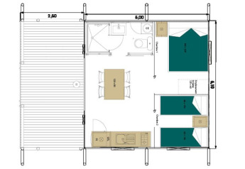 Plantegning af safari-teltet Wood Lodge Confort ved Flower Camping La Sagne med ruminddeling og mål.