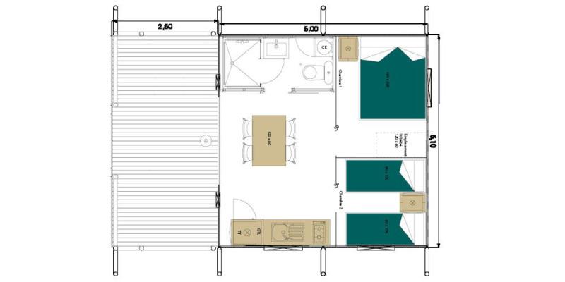 Plano de planta de la tienda safari Wood Lodge Confort en Flower Camping La Sagne con distribución y medidas.