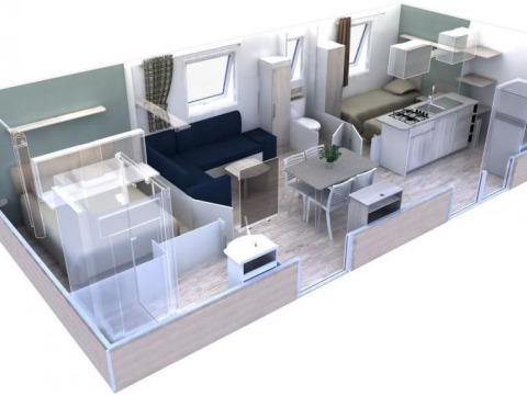 Plan 3D d’un lodge moderne avec salon, cuisine, salle à manger et chambres au Flower Camping La Sagne.