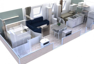 Plan 3D d’un lodge moderne avec salon, cuisine, salle à manger et chambres au Flower Camping La Sagne.