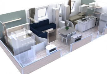 Plano 3D de una cabaña moderna con sala de estar, cocina, comedor y dormitorios en Flower Camping La Sagne.
