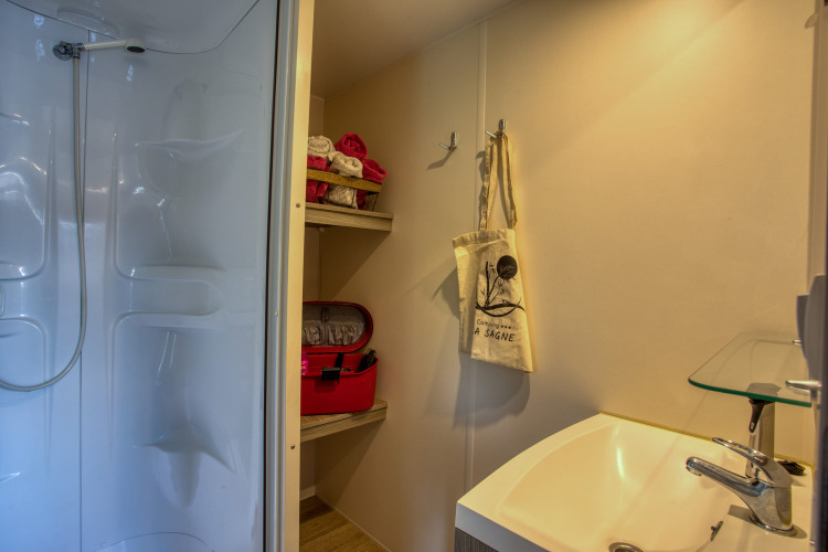 Badkamer van de Stacaravan Cayuga Confort bij Flower Camping La Sagne in Frankrijk, met zichtbare douche.