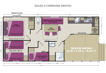 Plan du mobil-home Stacaravan Cayuga Confort avec dimensions, chambres et terrasse au Flower Camping La Sagne.