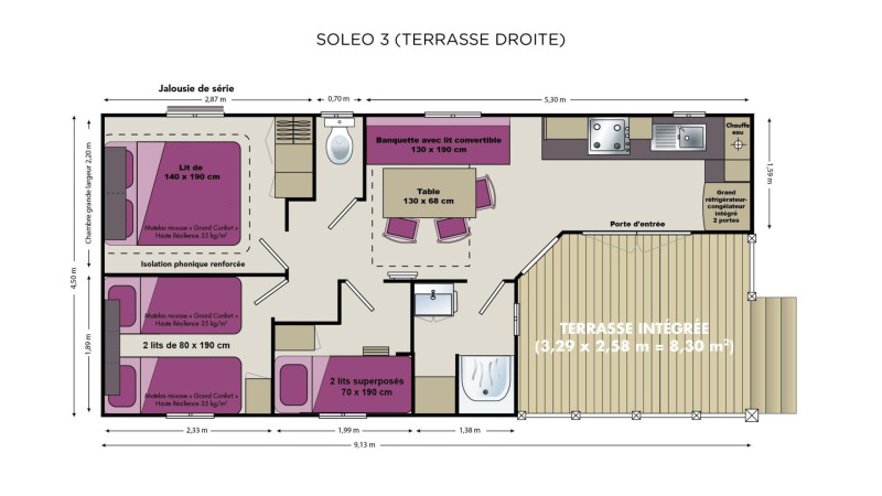 Floor plan of the Stacaravan Cayuga Confort mobile home showing room sizes and terrace at Flower Camping La Sagne.