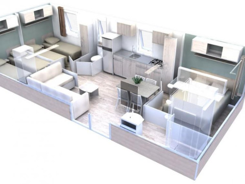 Plano 3D de Stacaravan Arlequin Premium en Flower Camping La Sagne con sala, cocina y dos dormitorios visibles.