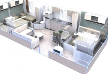 Plan 3D du Stacaravan Arlequin Premium au Flower Camping La Sagne avec salon, cuisine et deux chambres.
