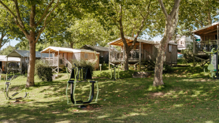 Cosy wooden cabins surrounded by lush trees and outdoor gym equipment under the sunlight on grass.