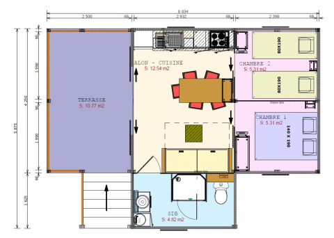 Floor plan of a cabin with two bedrooms, living-kitchen area, bathroom and terrace at Le Conleau in France.