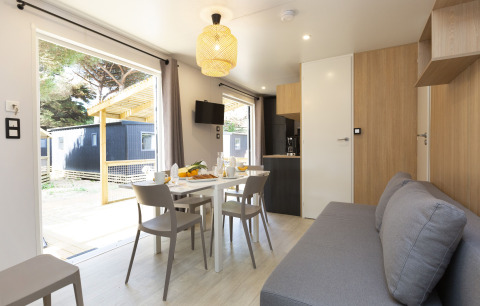 Modern glamping accommodation with bright living room, dining table, kitchen, sofa, and terrace view.