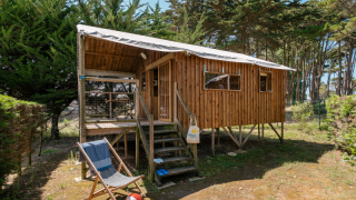 Capanna in legno su pali con veranda coperta e sdraio all’esterno, circondata da alberi, Hut Lodge Standaard.