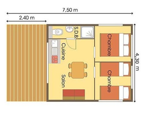 Plano de una tienda safari con dos dormitorios, baño, cocina, salón y terraza en un camping de Francia.