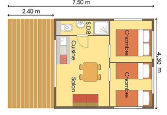 Grundriss eines Safarizeltes mit zwei Schlafzimmern, Bad, Küche, Wohnzimmer und Terrasse auf dem Campingplatz.