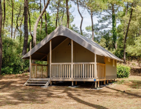 Tienda tipo safari llamada Tent Lodge Confort en un entorno tranquilo de bosque rodeado de árboles.