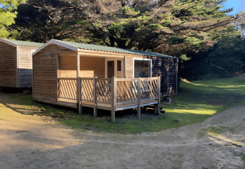 Two wooden cabins at Stacaravan Confort surrounded by trees and sunlight on a grassy, quiet campground.