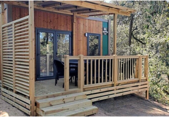 Buitenaanzicht van de Homeflower Premium 1 kamer lodge met houten terras en omringd door groen en bomen.
