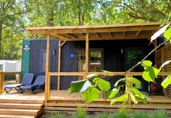 Cabane de glamping avec terrasse en bois, chaises longues et verdure, entourée de forêt.