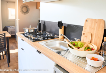 Cucina moderna per glamping con fornello a gas, lavello, insalatiera e tavolo da pranzo luminoso.
