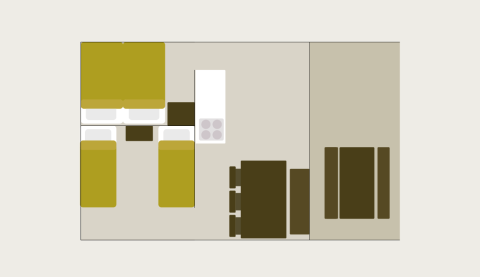 Plan de la tente Safari au Holiday park De Boshoek aux Pays-Bas, avec lits, table et cuisine.