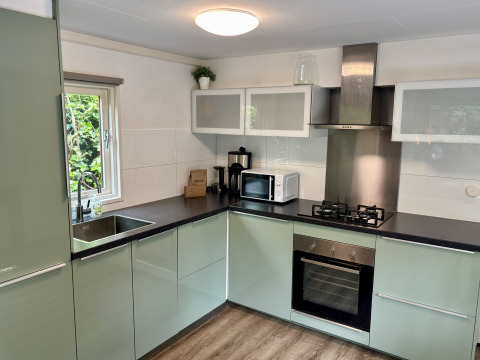 Moderne keuken in Cozy Lodge bij Bungalowpark Het Verscholen Dorp, Nederland, met fornuis en oven.