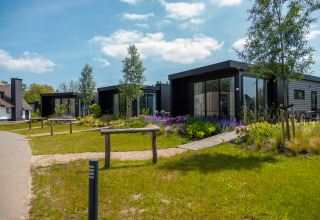 Vakantiechalet Comfort+ im Vakantiepark De Wiedense Meren in den Niederlanden, moderne Lodges mit Garten.