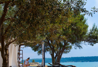 Buitenmassage onder bomen met zicht op de zee bij Aminess Planet Camping Sirena, Istrië, Kroatië.