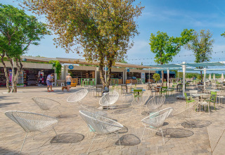 Buitenzitje met moderne stoelen en bomen aan Valamar Camping Lanterna, vakantiepark in Istrië, Kroatië.