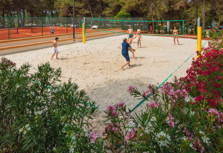 Huéspedes juegan al vóley playa en Valamar Camping Lanterna, con canchas de tenis y flores en Istria, Croacia.