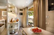Modernes Glamping-Apartment mit Essbereich, Küche, Obstschale und Zugang zur Terrasse mit Gartenblick.
