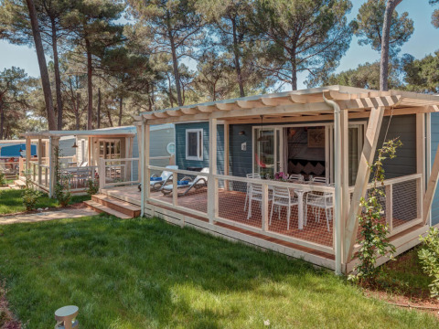 Chalet Marine Home presso Valamar Camping Lanterna, Croazia, tra pini e terrazze in legno accoglienti.