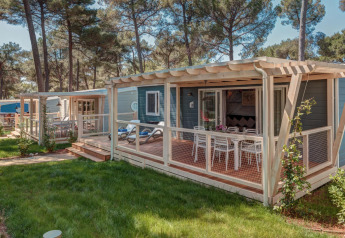 Marine Home chalet bij Valamar Camping Lanterna in Kroatië met veranda’s tussen hoge dennenbomen.