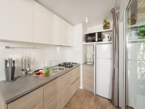 Moderne tekøkken med hvide skabe, gaskomfur, køleskab og frisk frugt i Mediterranean Garden Home, Kroatien.