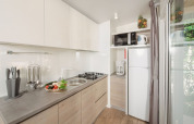 Moderne Küchenzeile mit Herd, Kühlschrank und Arbeitsfläche im Mediterranean Garden Home, Valamar Camping Lanterna.