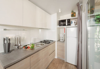 Moderne tekøkken med hvide skabe, gaskomfur, køleskab og frisk frugt i Mediterranean Garden Home, Kroatien.