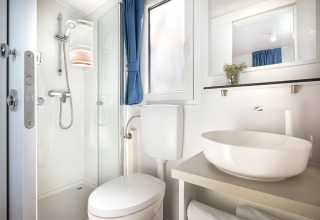 Modern glampingbadkamer met douche, toilet, wastafel, spiegel en raam met blauwe gordijn.