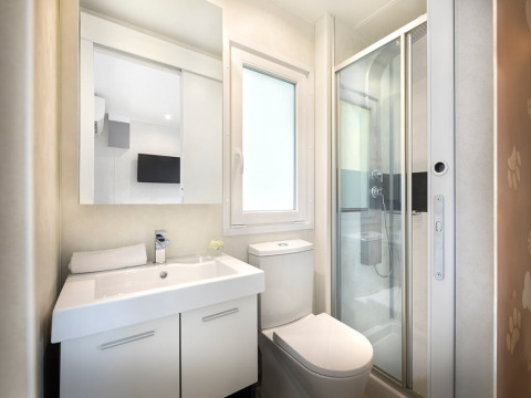 Moderne badkamer met douche, toilet en wastafel in een glamping accommodatie genaamd Happy Dog Home.